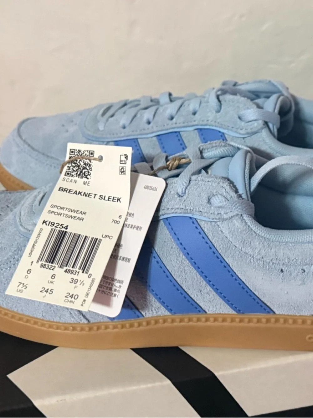 adidas Originals Light Blue Suede Sneakers with Blue Stripes and Gum Sole